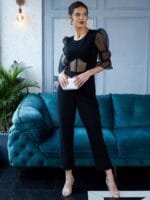 Athena Front Cutout Organza Sleeve Basic Jumpsuit