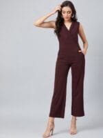 Athena Women Brown Solid Basic Jumpsuit