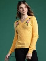 DressBerry Women Ribbed Longline Pullover with Embroidered Detail