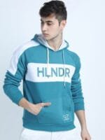 HIGHLANDER Men Teal Colourblocked Hooded Sweatshirt