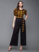 Miss Chase Black & Mustard Puff Sleeves Checked Basic Jumpsuit