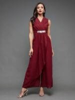Miss Chase Maroon V-Neck Sleeveless Embellished Basic Jumpsuit