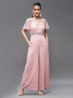 Miss Chase V-Neck Flared Sleeve Basic Jumpsuit with Embroidered