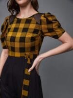 OnlyTrend Black & Mustard Puff Sleeves Checked Basic Jumpsuit