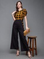 OnlyTrend Black & Mustard Puff Sleeves Checked Basic Jumpsuit