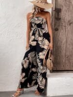 OnlyTrend Black Off-Shoulder Printed Tie-Up Neck Basic Jumpsuit