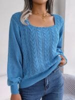 OnlyTrend Blue Cable Knit Self Design Scoop Neck Ribbed Acrylic Pullover