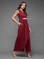 OnlyTrend Maroon V-Neck Sleeveless Embellished Basic Jumpsuit