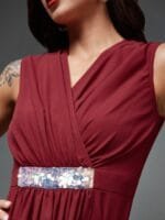 OnlyTrend Maroon V-Neck Sleeveless Embellished Basic Jumpsuit