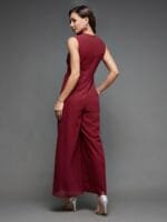 OnlyTrend Maroon V-Neck Sleeveless Embellished Basic Jumpsuit