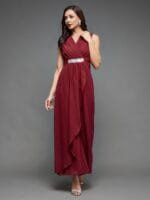 OnlyTrend Maroon V-Neck Sleeveless Embellished Basic Jumpsuit