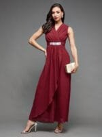 OnlyTrend Maroon V-Neck Sleeveless Embellished Basic Jumpsuit
