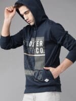 OnlyTrend Men Navy Blue & Charcoal Grey Printed Hooded Sweatshirt