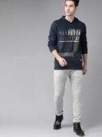 OnlyTrend Men Navy Blue & Charcoal Grey Printed Hooded Sweatshirt