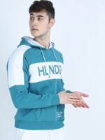 OnlyTrend Men Teal Colourblocked Hooded Sweatshirt
