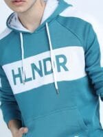 OnlyTrend Men Teal Colourblocked Hooded Sweatshirt