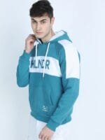 OnlyTrend Men Teal Colourblocked Hooded Sweatshirt