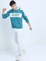 OnlyTrend Men Teal Colourblocked Hooded Sweatshirt