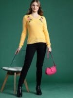 OnlyTrend Women Ribbed Longline Pullover with Embroidered Detail