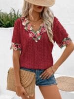 OnlyTrend x Revolte Maroon Floral Embroidered V Neck Top