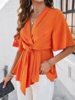 OnlyTrend x Revolte Orange V-Neck Flared Sleeves Tie-Ups Detail Wrap Longline Top