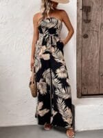 StyleCast Black Off-Shoulder Printed Tie-Up Neck Basic Jumpsuit