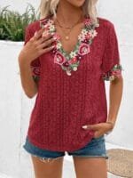StyleCast x Revolte Maroon Floral Embroidered V Neck Top