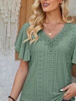 OnlyTrend x Revolte Green Self Design V-Neck Flutter Sleeve Top