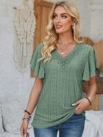 OnlyTrend x Revolte Green Self Design V-Neck Flutter Sleeve Top