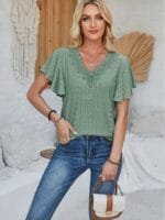 OnlyTrend x Revolte Green Self Design V-Neck Flutter Sleeve Top