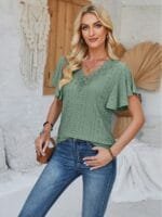 OnlyTrend x Revolte Green Self Design V-Neck Flutter Sleeve Top