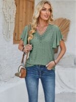 StyleCast x Revolte Green Self Design V-Neck Flutter Sleeve Top