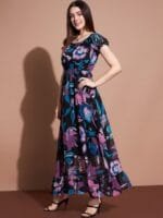 DressBerry Floral Printed Puff Sleeve Fit & Flare Maxi Dress