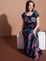 DressBerry Floral Printed Puff Sleeve Fit & Flare Maxi Dress