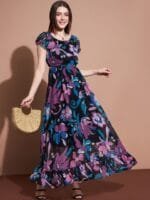 DressBerry Floral Printed Puff Sleeve Fit & Flare Maxi Dress