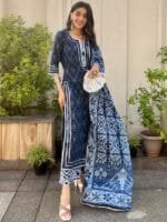 Libas Women Blue Bandhani Printed Pure Cotton Kurta with Palazzos & Dupatta