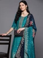 Libas Women Green Floral Pure Silk Kurta with Trousers & With Dupatta