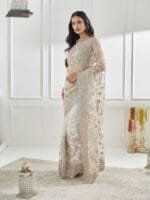 OnlyTrend Floral Embellished Beads and Stones Net Saree