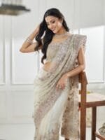 OnlyTrend Floral Embellished Beads and Stones Net Saree