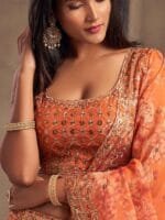 OnlyTrend Orange & Gold-Toned Embroidered Sequinned Shibori Semi-Stitched Lehenga & Unstitched Blouse With