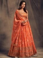 OnlyTrend Orange & Gold-Toned Embroidered Sequinned Shibori Semi-Stitched Lehenga & Unstitched Blouse With