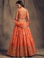 OnlyTrend Orange & Gold-Toned Embroidered Sequinned Shibori Semi-Stitched Lehenga & Unstitched Blouse With