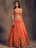 OnlyTrend Orange & Gold-Toned Embroidered Sequinned Shibori Semi-Stitched Lehenga & Unstitched Blouse With