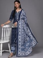 OnlyTrend Women Blue Bandhani Printed Pure Cotton Kurta with Palazzos & Dupatta