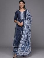 OnlyTrend Women Blue Bandhani Printed Pure Cotton Kurta with Palazzos & Dupatta
