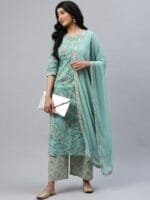 OnlyTrend Women Sea Green Floral Printed Kurta with Palazzos & Dupatta